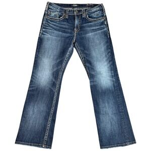 Silver Jeans Co. Men's Craig 34x31 Bootcut Distressed Dark Blue Denim Jeans Y2K